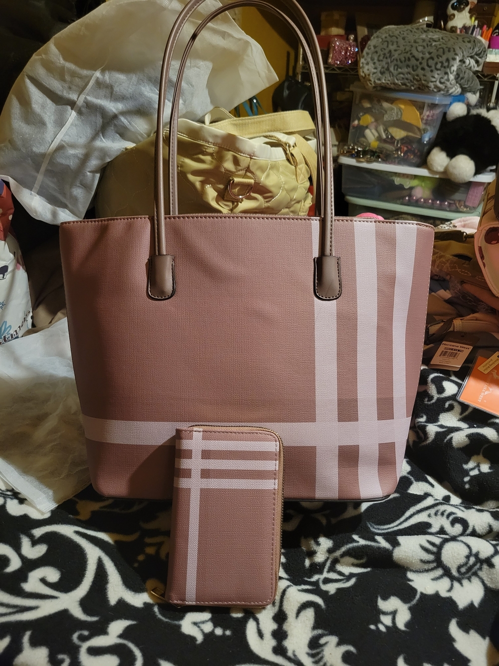 Classic Pink Plaid Tote Bag with Matching Wallet